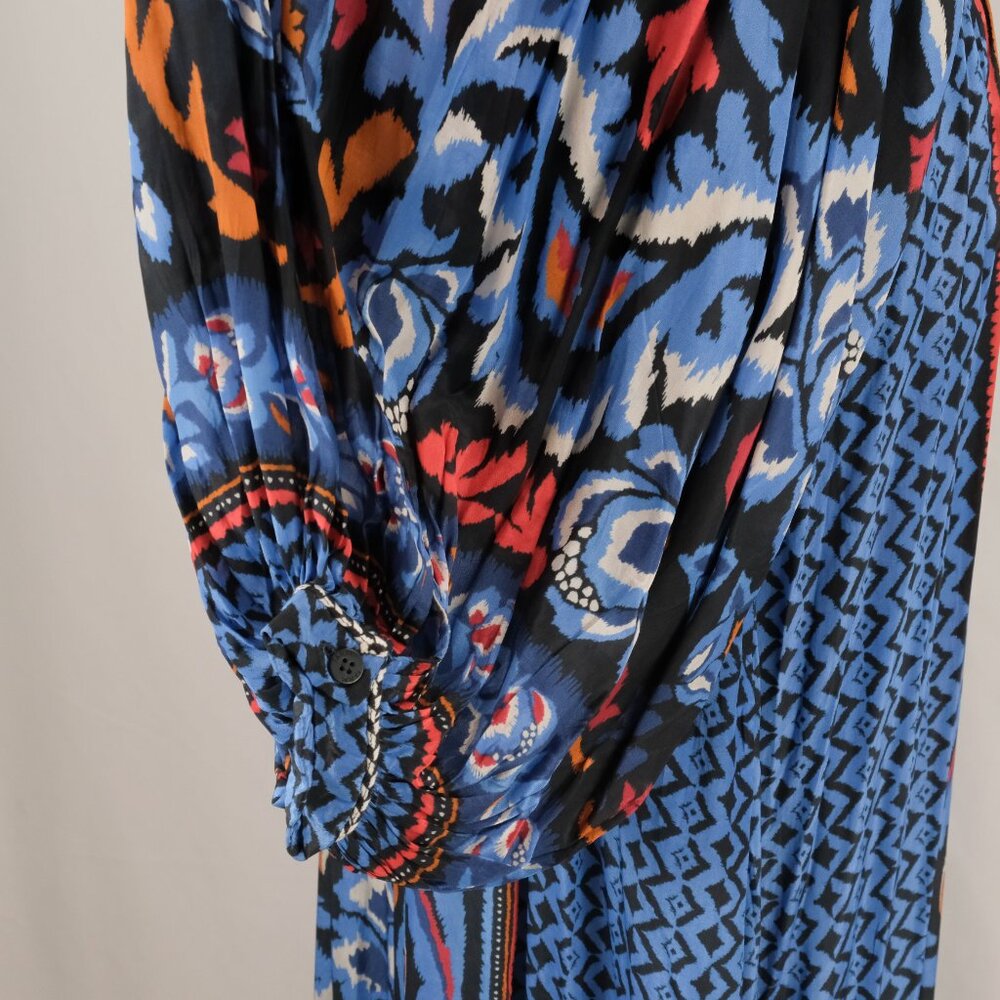 Farm Rio Gathered Printed Crepe de Chine Bishop-Sleeve Maxi Dress, Blue/Red, L - Picture 8 of 14